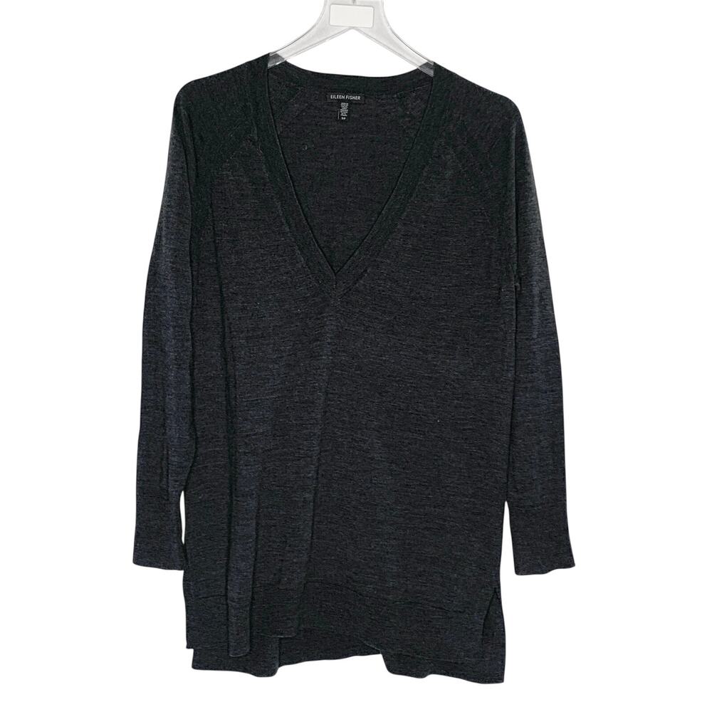 Eileen Fisher Merino Blend V Neck Tunic Sweater S Deep V Charcoal Gray